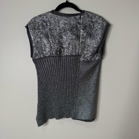 3.1 Philip Lim Metallic Silver Black Brocade Ribbed Knit Cap Sleeve Blouse Top - Picture 10 of 13